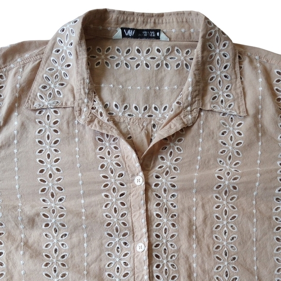 Zara Peach Openwork Embroidery Cutout Long Sleeve Button-Up Shirt Boho - Picture 5 of 10